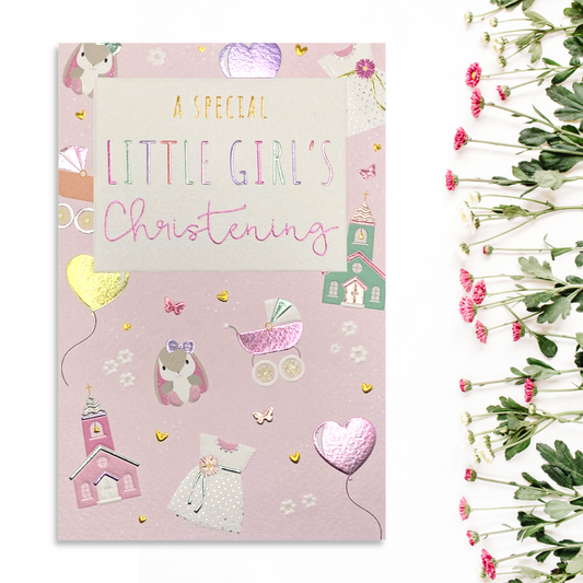 Front image showing pink card with pink foil baby objects and text