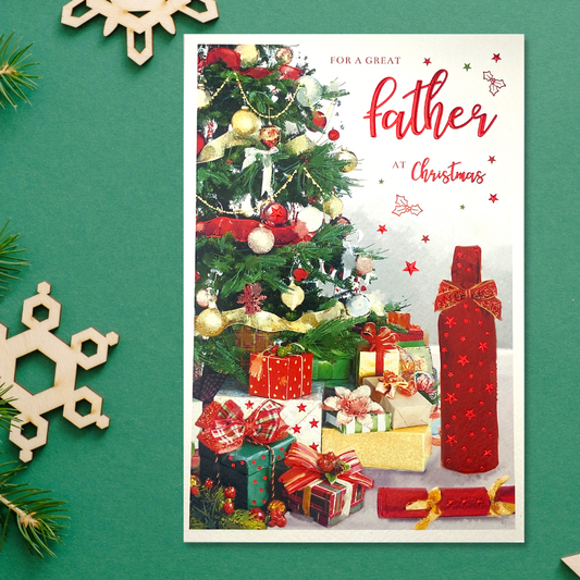 Father card with christmas tree and bottle