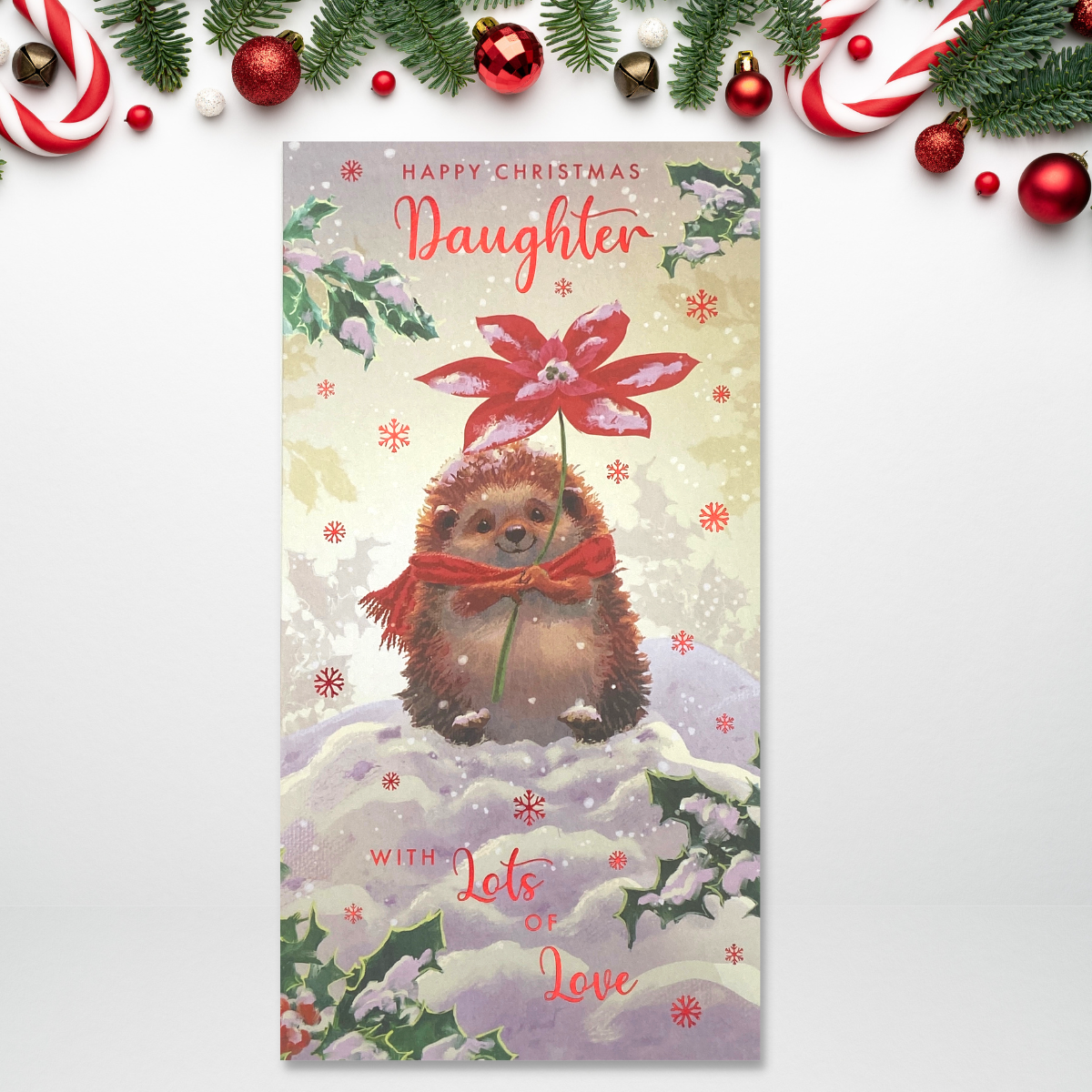 Slim desig with cute hedhehog in the snow with flower