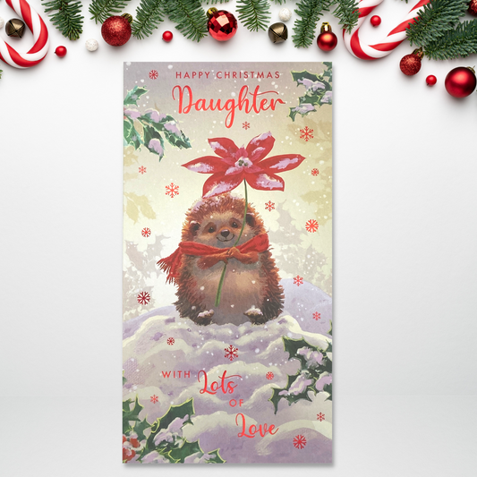 Slim desig with cute hedhehog in the snow with flower