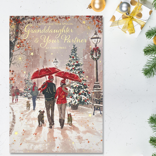 Couple with red umbrellas walking dogs, in the snow with street lamps