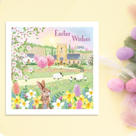 Square card with church scene, floral border and bunny 