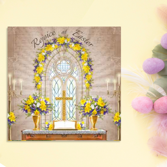 square card with floral window scene in church