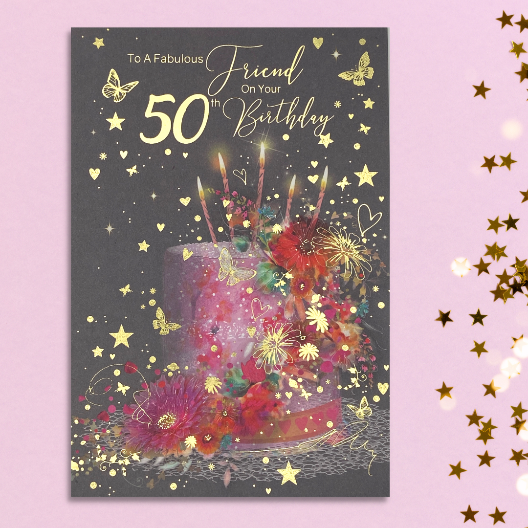 Grey card with pink and gold cake and candles with gold details
