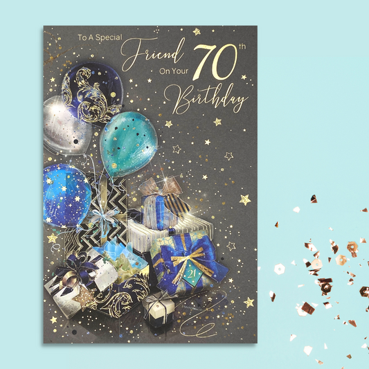 Friend 70th Birthday card with gifts and balloons