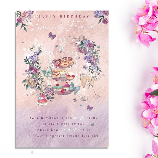 Pink and purple theme card with floral afternoon tea display and verse