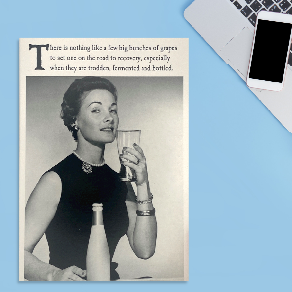 Front image with black and white photograph and funny text