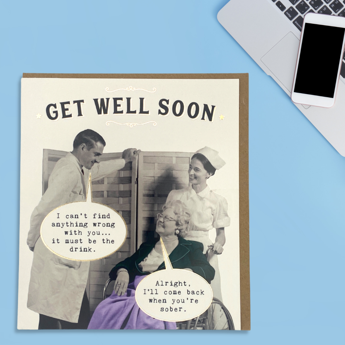 Front image with black and white photograph of doctor and maid, with funny greeting