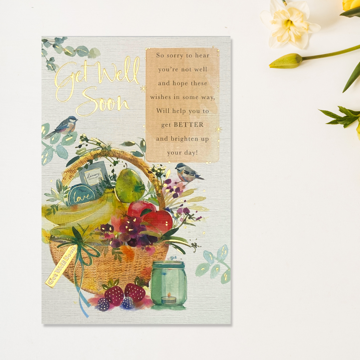 Front image with fruit basket, verse and gold detals