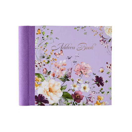 Lilac themed address book with wild flowers and purple canvas wrapped ringbinder
