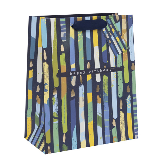 Navy bag with blue green and yellow candles and matching tag