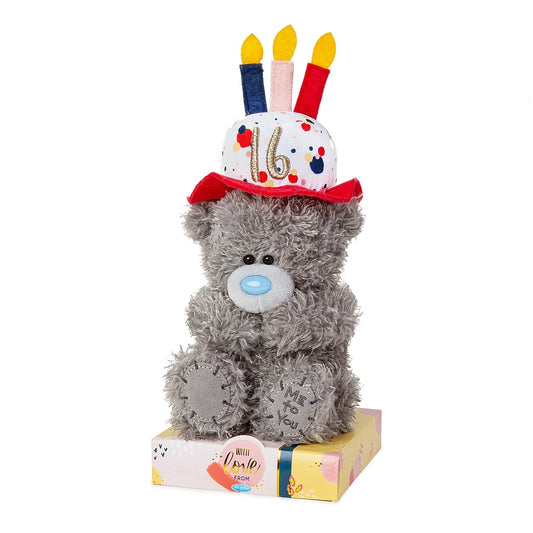 16th Tatty Teddy with brightly coloured hat with candles and number 16