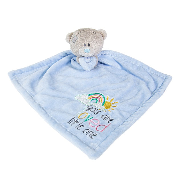 Blue comforter blanket with Tatty Teddy and rainbow stitch design