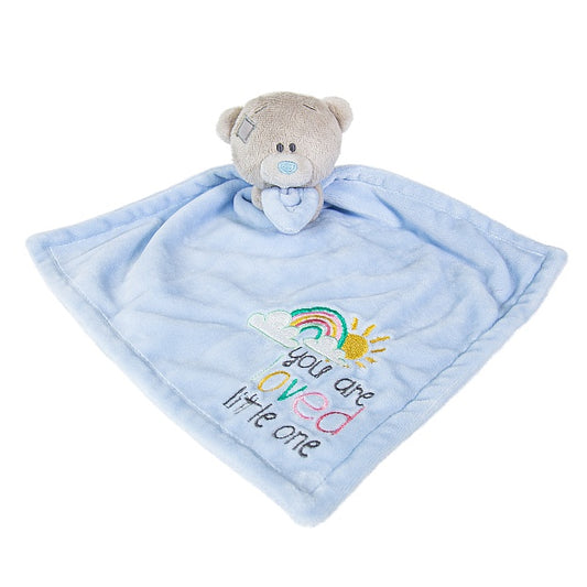 Blue comforter blanket with Tatty Teddy and rainbow stitch design
