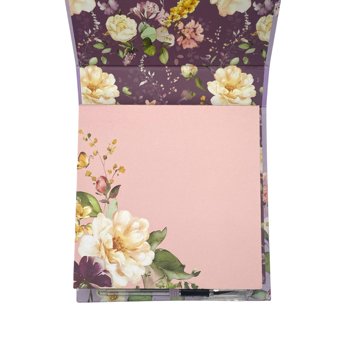 Inside image with further floral design and pink paper with floral border, with black pen