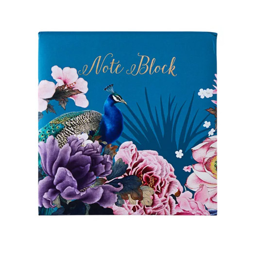 Bold turquoise note block with peacock design and floral cover