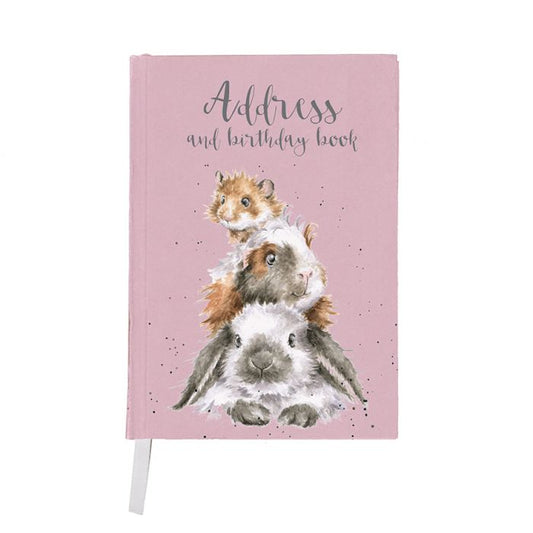 Pink address book with bunny, guinea pig and hamster stacked on top of each other in cute illustration 