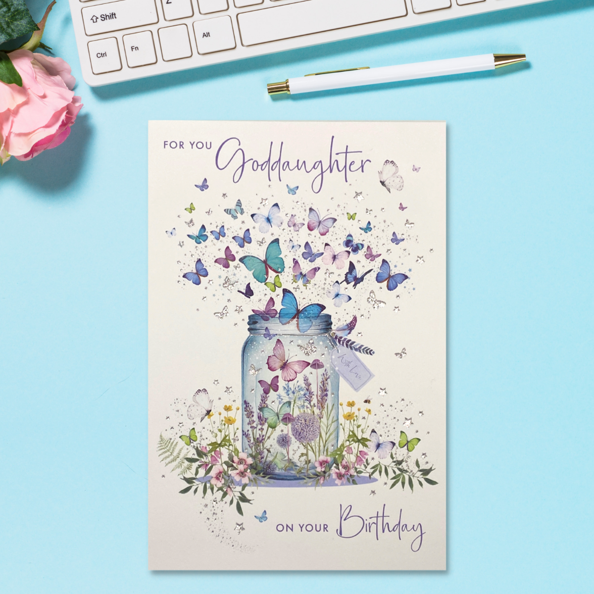 Goddaughter Birthday Card - Butterfly Mason Jar