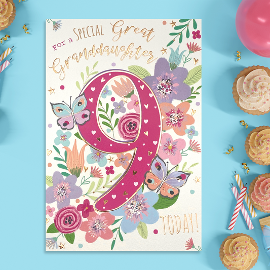 Great Granddaughter Age 9 Birthday Card Displayed In Full