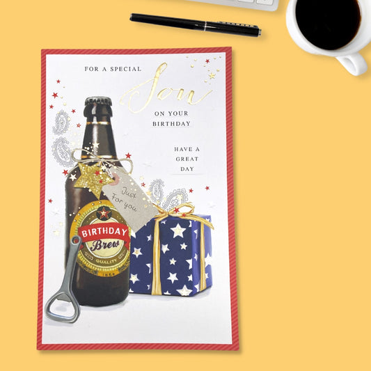 Son Birthday Beer & Present Large Card Displayed In Full