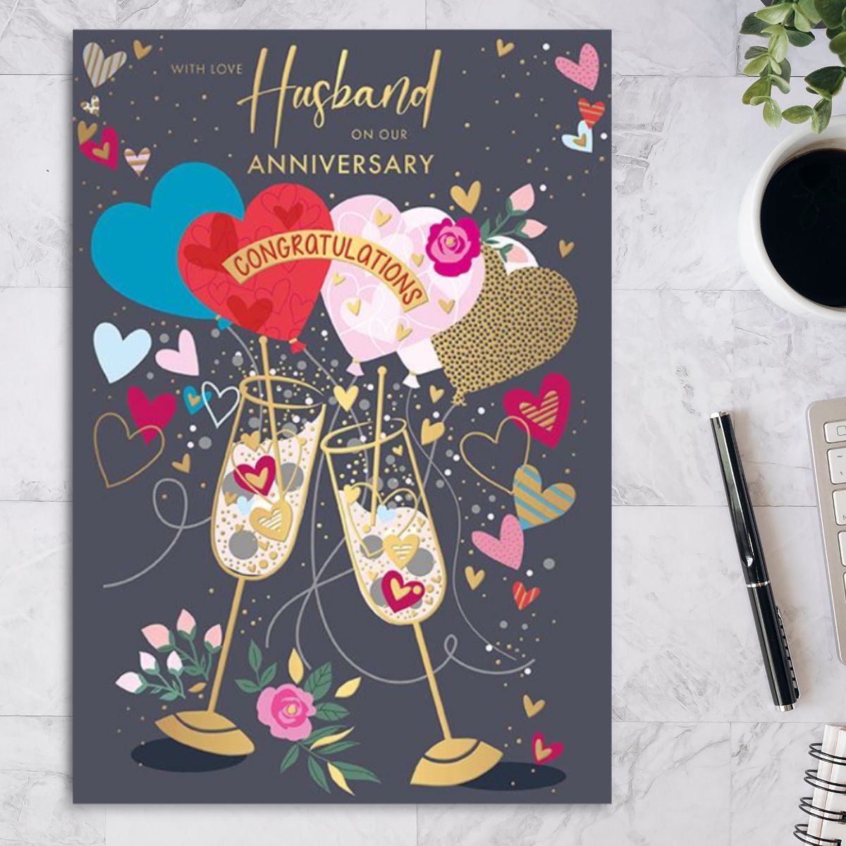Husband Anniversary Card - Love & Hearts Flutes