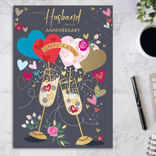 Husband Anniversary Card - Love & Hearts Flutes