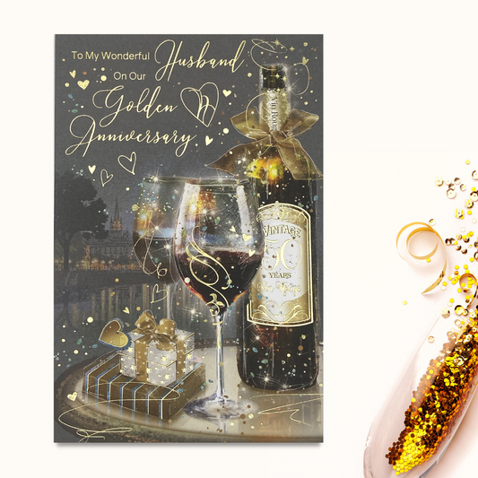 Grey card with bottle of red wine and two glasses, gift and hearts