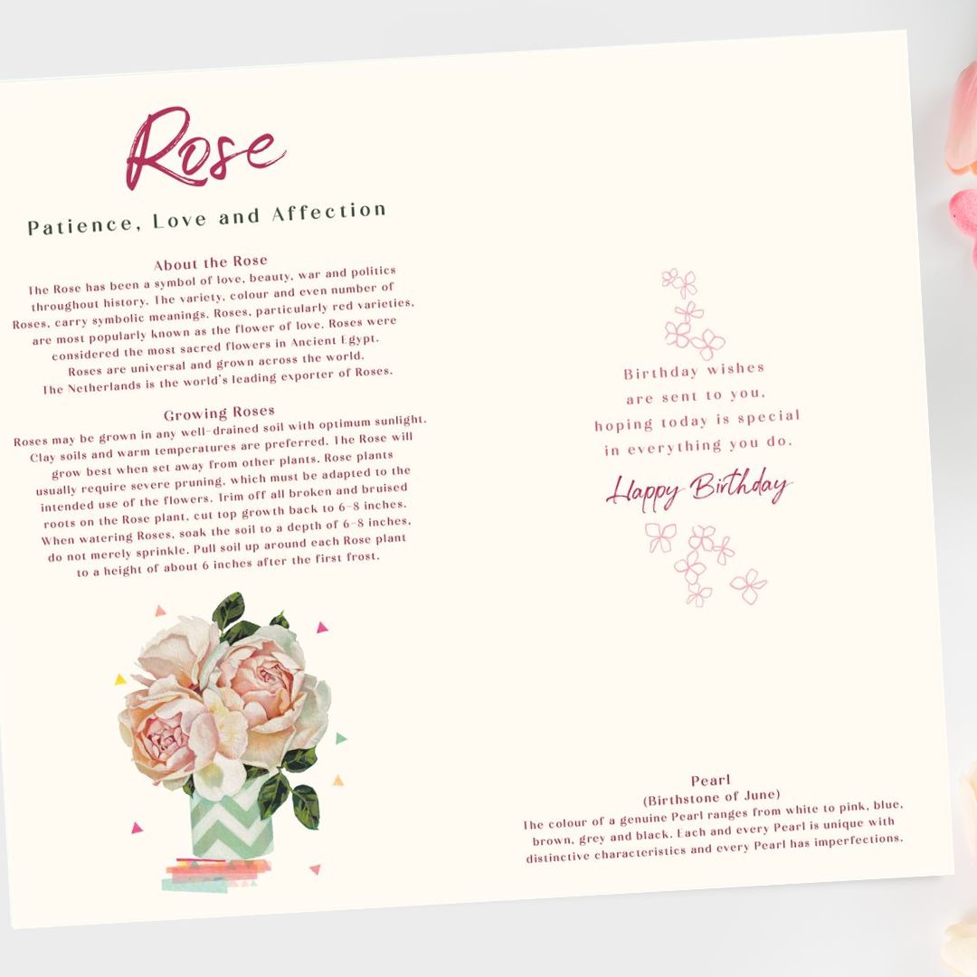 Inside image with information on the rose flower