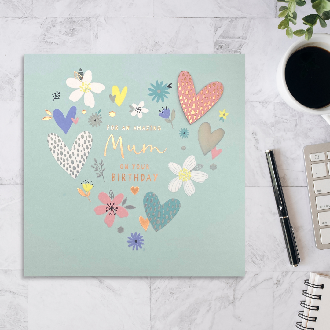 Mint green square card with hearts surrounding text