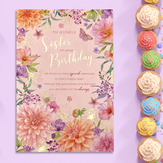 Pink card with bright coloured floral border and heartfelt words with butterflies