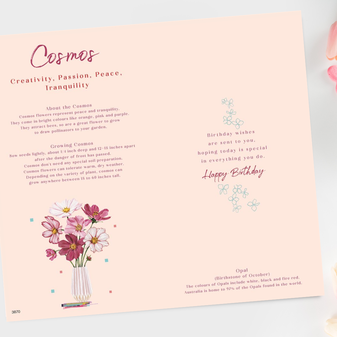 Inside image with information on cosmos flowers