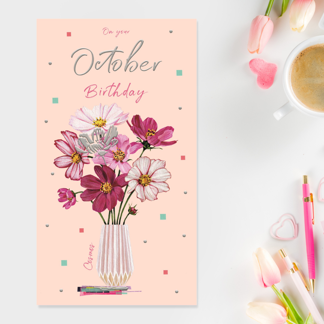 Slim peach card with pink cosmos vase
