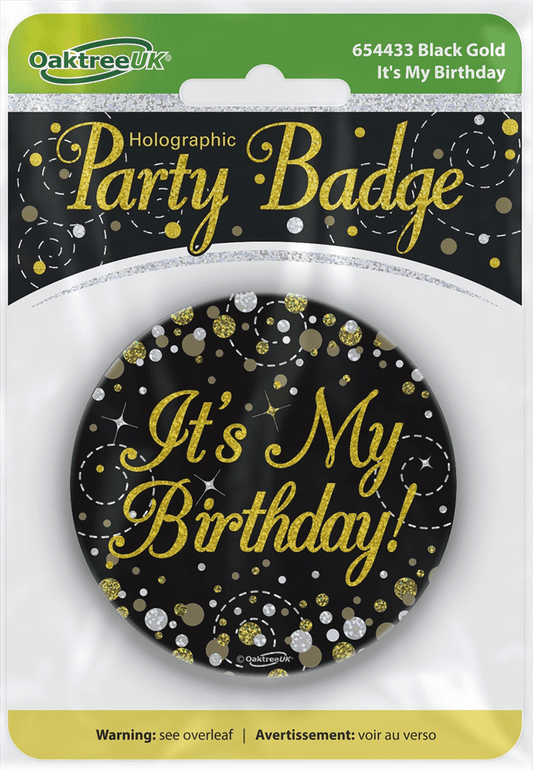 Birthday Badge 3 inch - Black & Gold Sparkling Fizz
