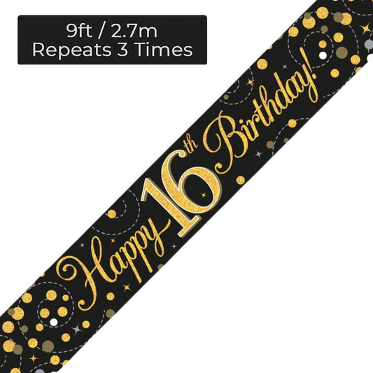 Age 16 Black & Gold Holographic 9ft Birthday Banner