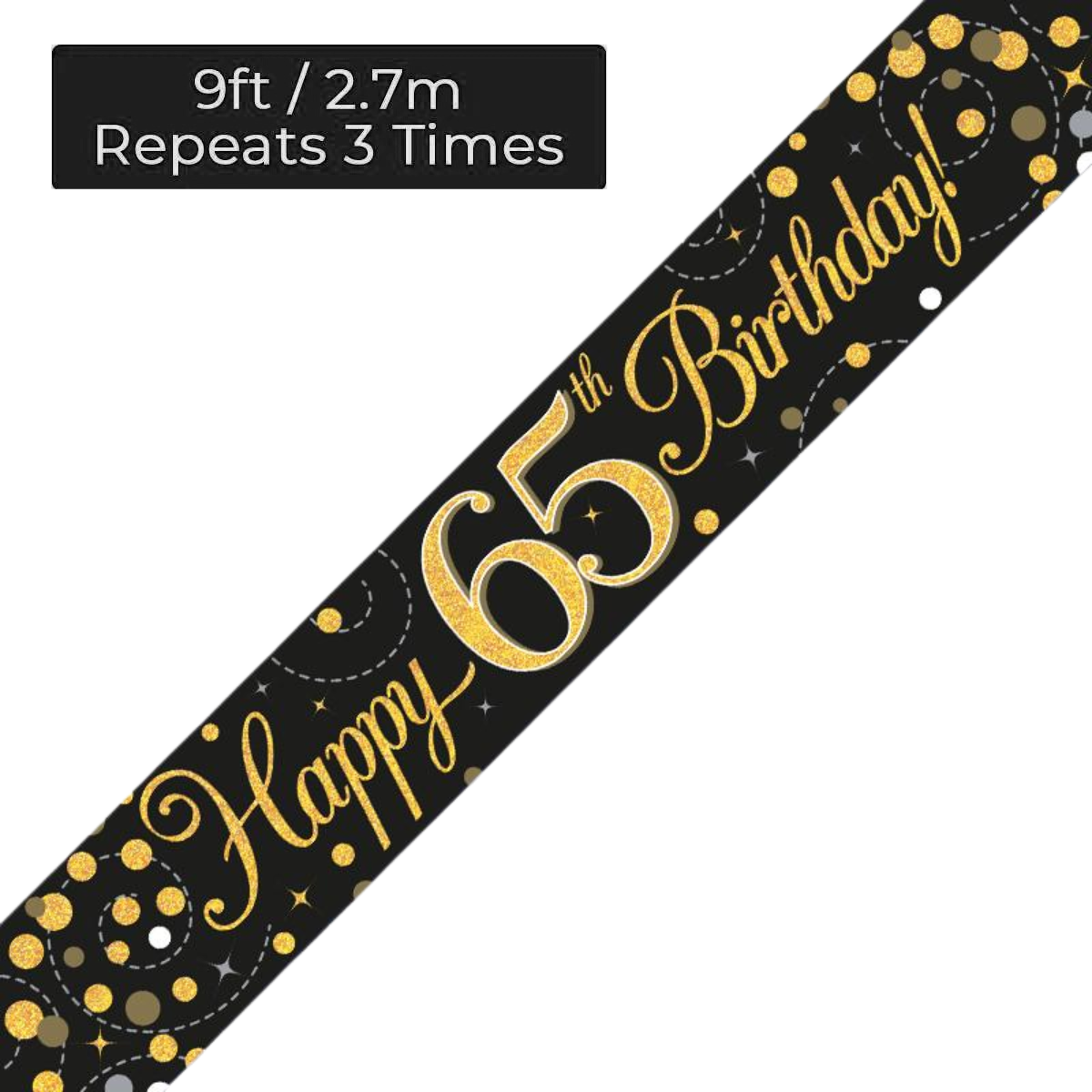Age 65 Black & Gold Holographic 9ft Birthday Banner