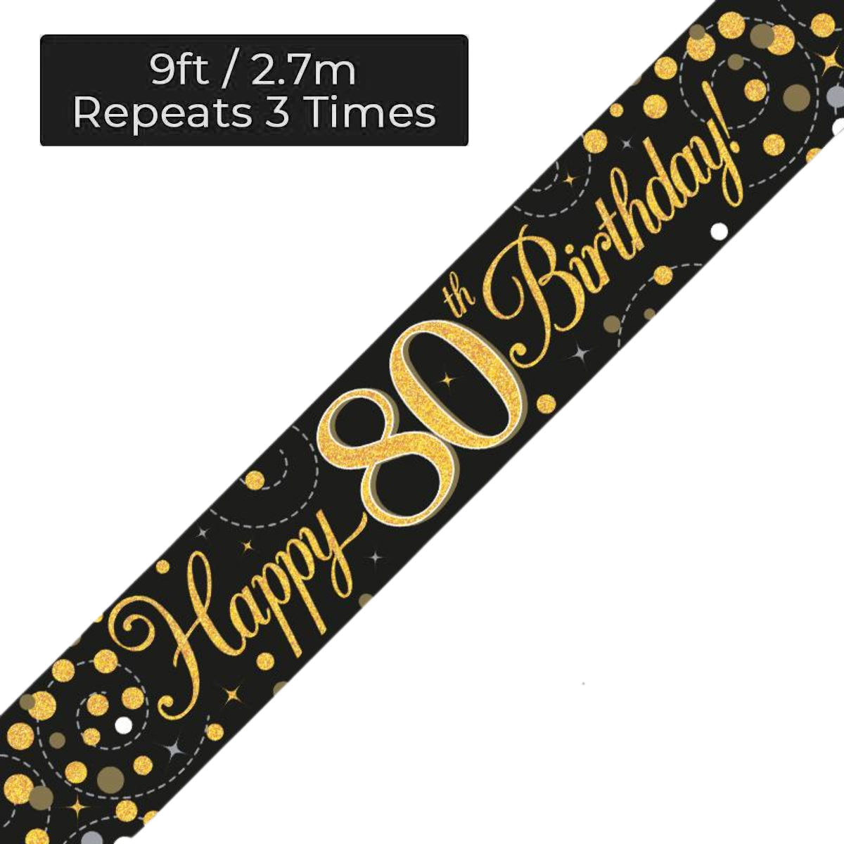 Age 80 Black & Gold Holographic 9ft Birthday Banner