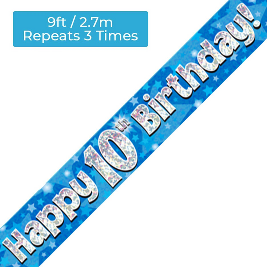 Age 10 Blue Holographic 9ft Birthday Banner