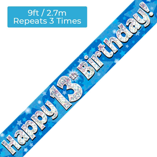 Age 13 Blue Holographic 9ft Birthday Banner