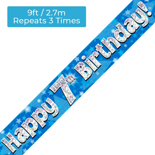 Age 7 Blue Holographic 9ft Birthday Banner