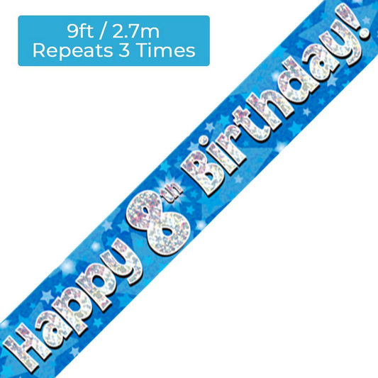 Age 8 Blue Holographic 9ft Birthday Banner