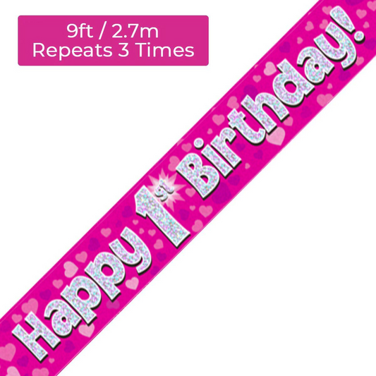 Age 1 Pink Holographic 9ft Birthday Banner