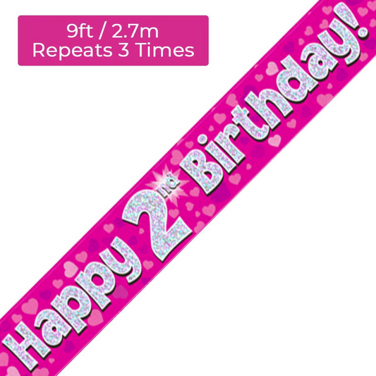 Age 2 Pink Holographic 9ft Birthday Banner