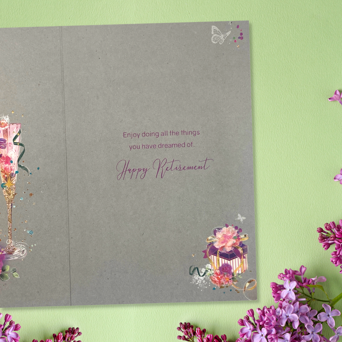Inside image with grey background and colour gift, drinks and text