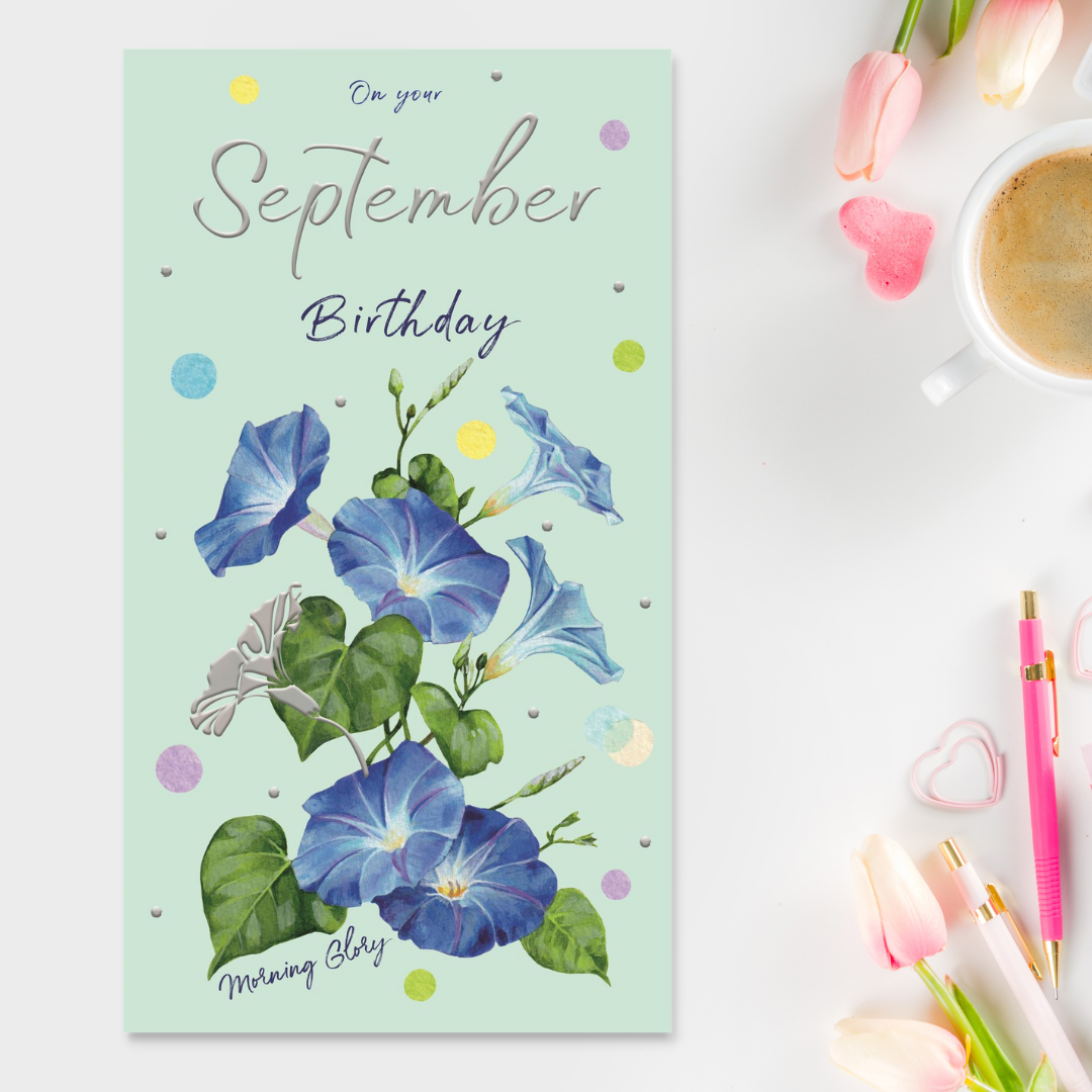 Slim blue card with blue flowers