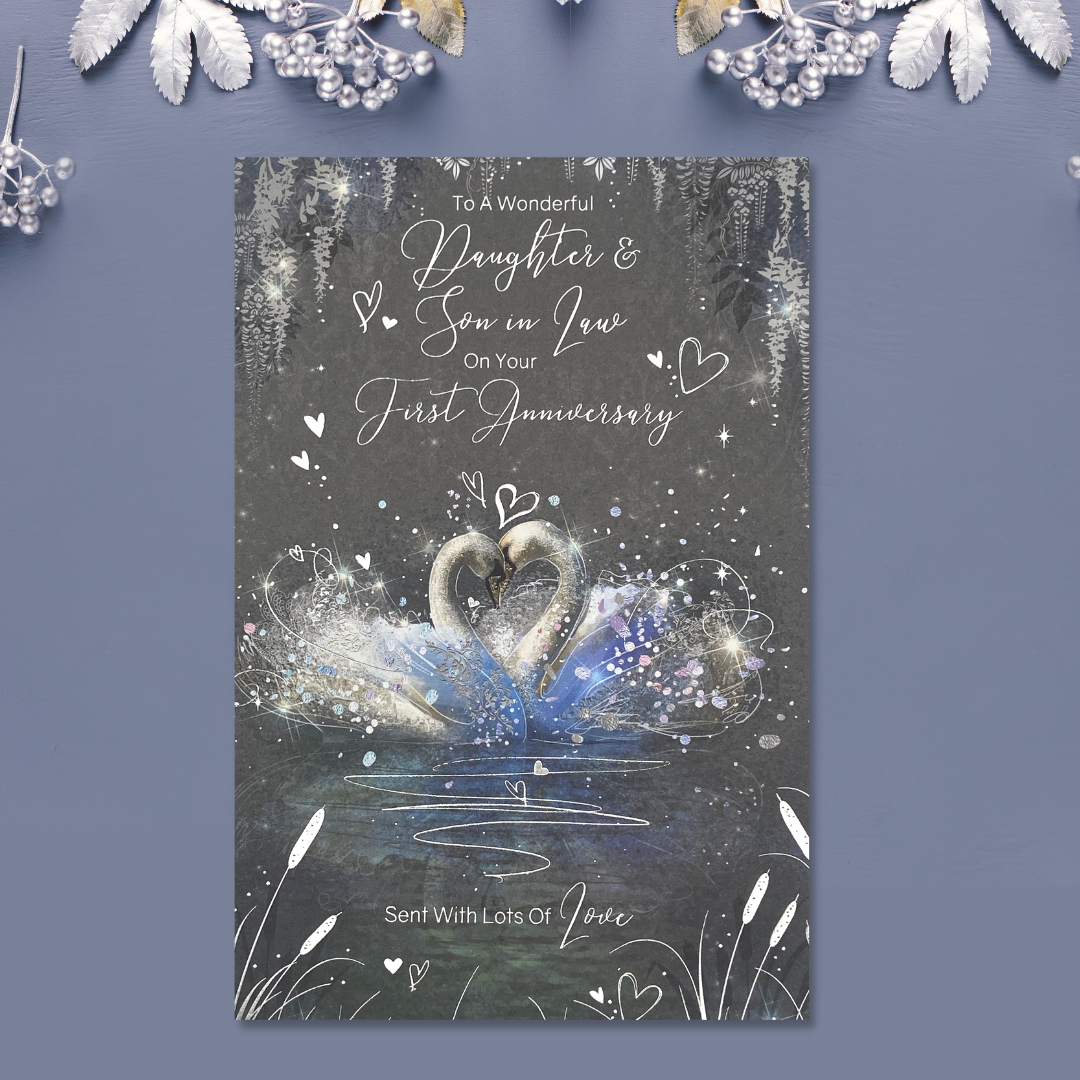 Grey card with two swans embrace, with silver hearts