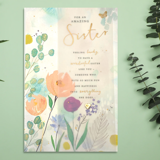 Sister Large Butterfly Themed Birthday Card Displayed In Full