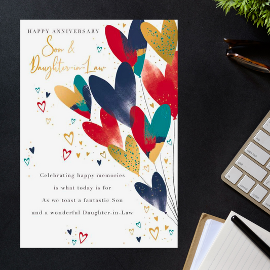 Son & Daughter-In-Law Wedding Anniversary Card - Heart Balloons
