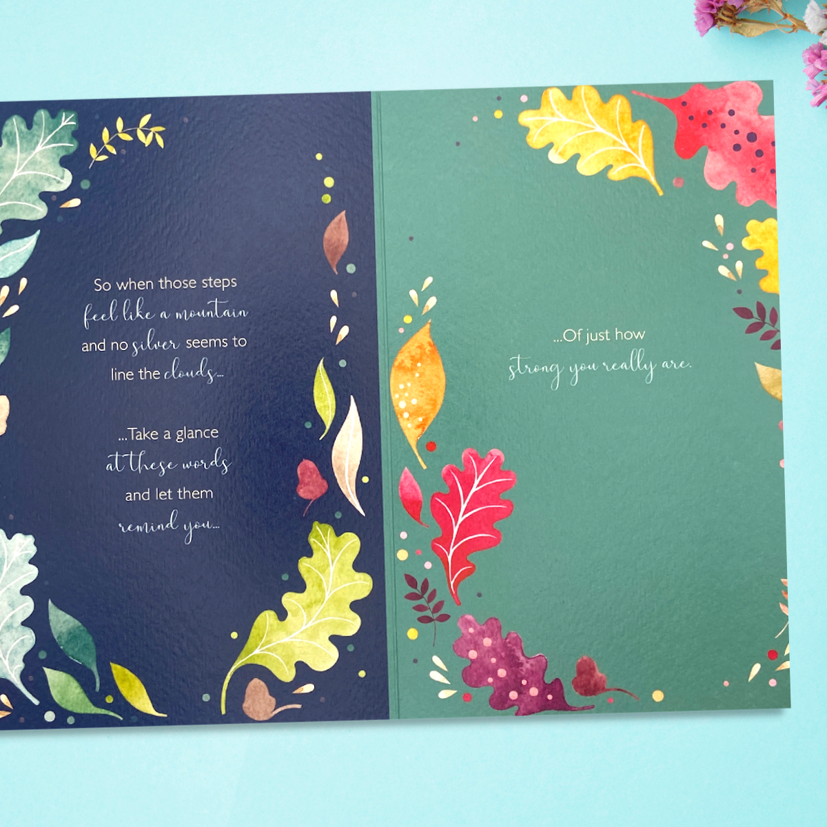 Two further pages with more verse and leaf graphics