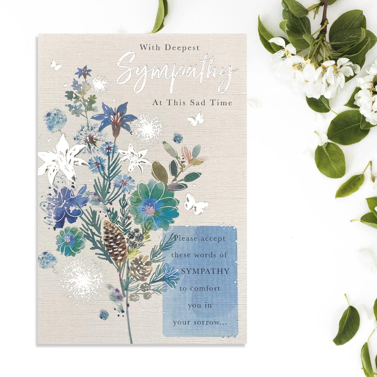 Front image with blue flowers, butterflies and verse
