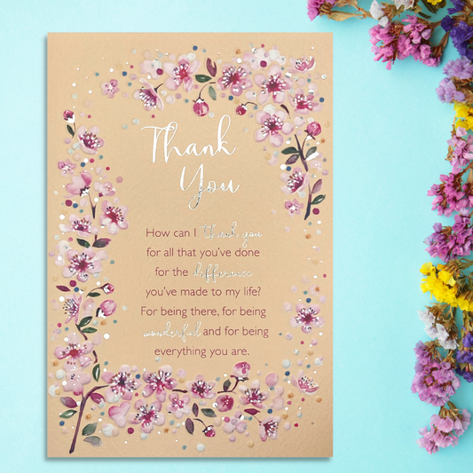 Peach colour card with cherry blossom border and heartfelt verse